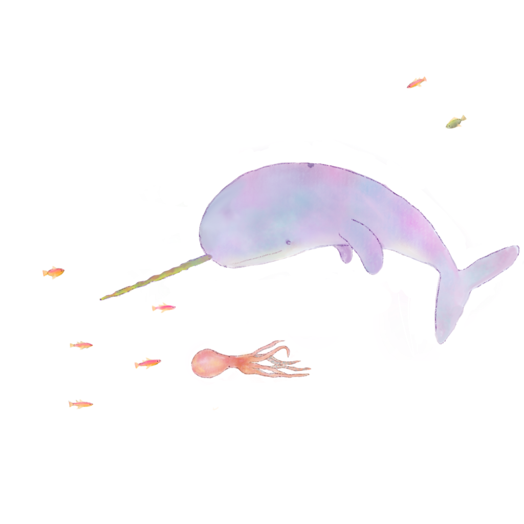 illustration of a narwhal and squid in pastel colours. Illu by Johanne Vejrup Nielsen.